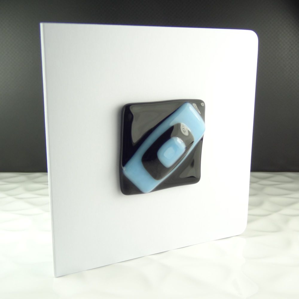 Handmade fused glass art greeting card, any occasion ~ blue & black, abstract, textured ~ 4x4 inch card, 1.5 inch (+/-) glass (#20)