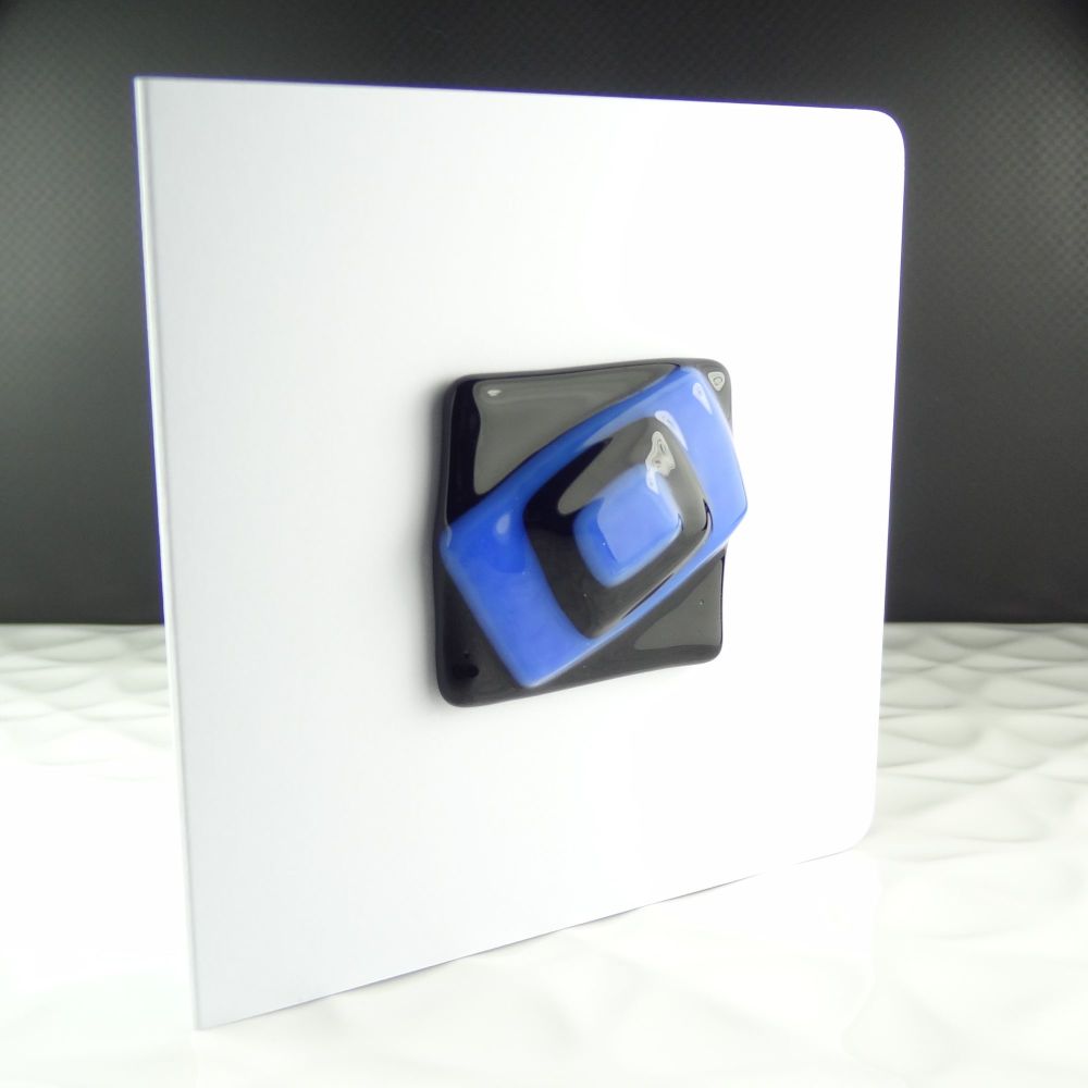 Handmade fused glass art greeting card any occasion blue & black abstract