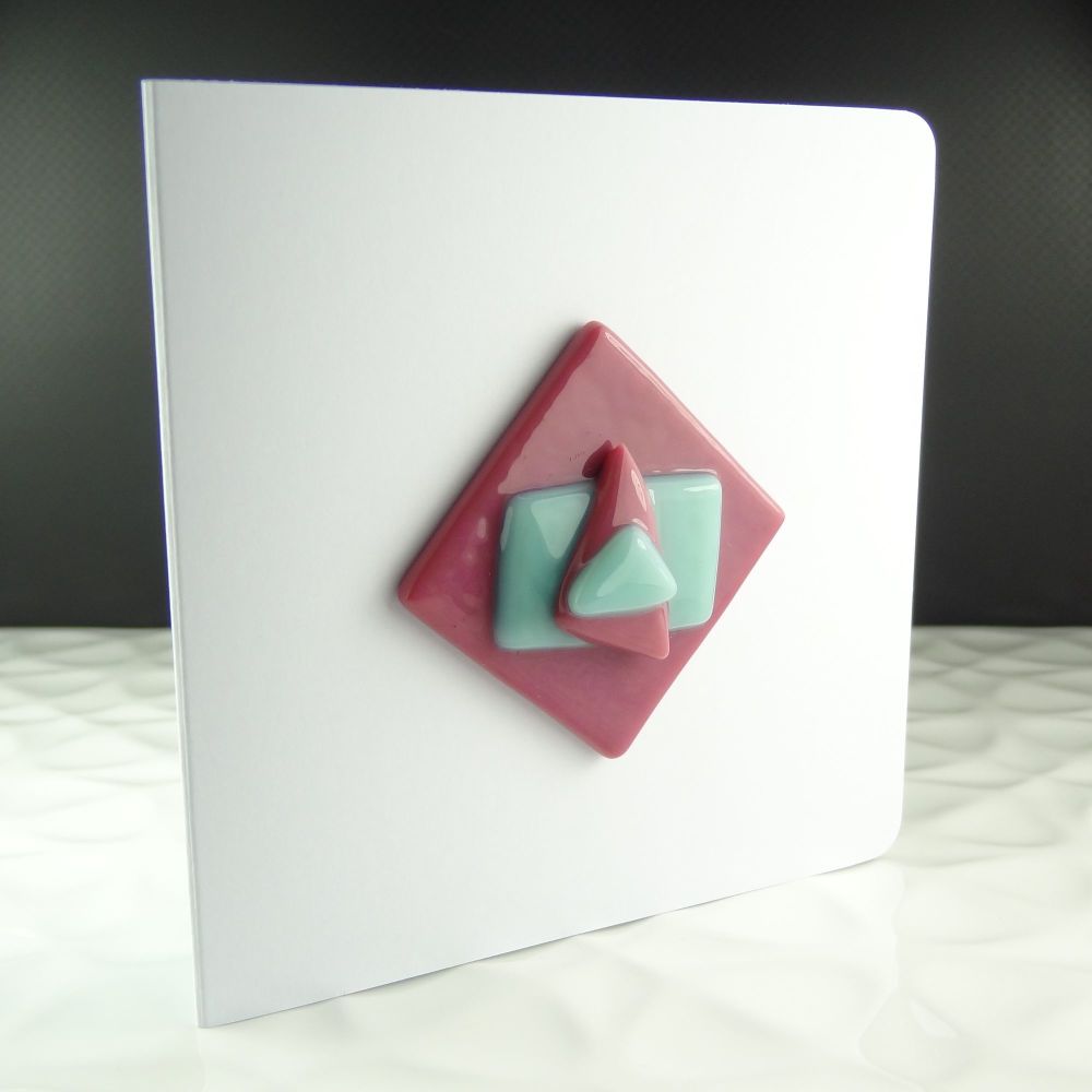 Handmade fused glass art greeting card, any occasion ~ pink & blue, abstract, textured ~ 4x4 inch card, 1.5 inch (+/-) glass (#155)