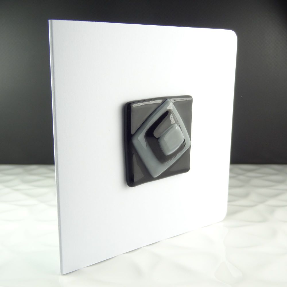 Handmade fused glass art greeting card, any occasion ~ black & grey, abstract, textured ~ 4x4 inch card, 1.5 inch (+/-) glass (#366)