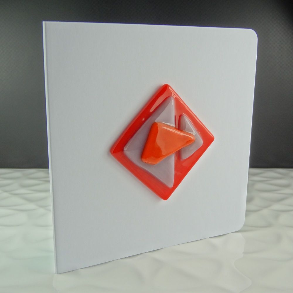 Handmade fused glass art greeting card, any occasion ~ red, purple & orange