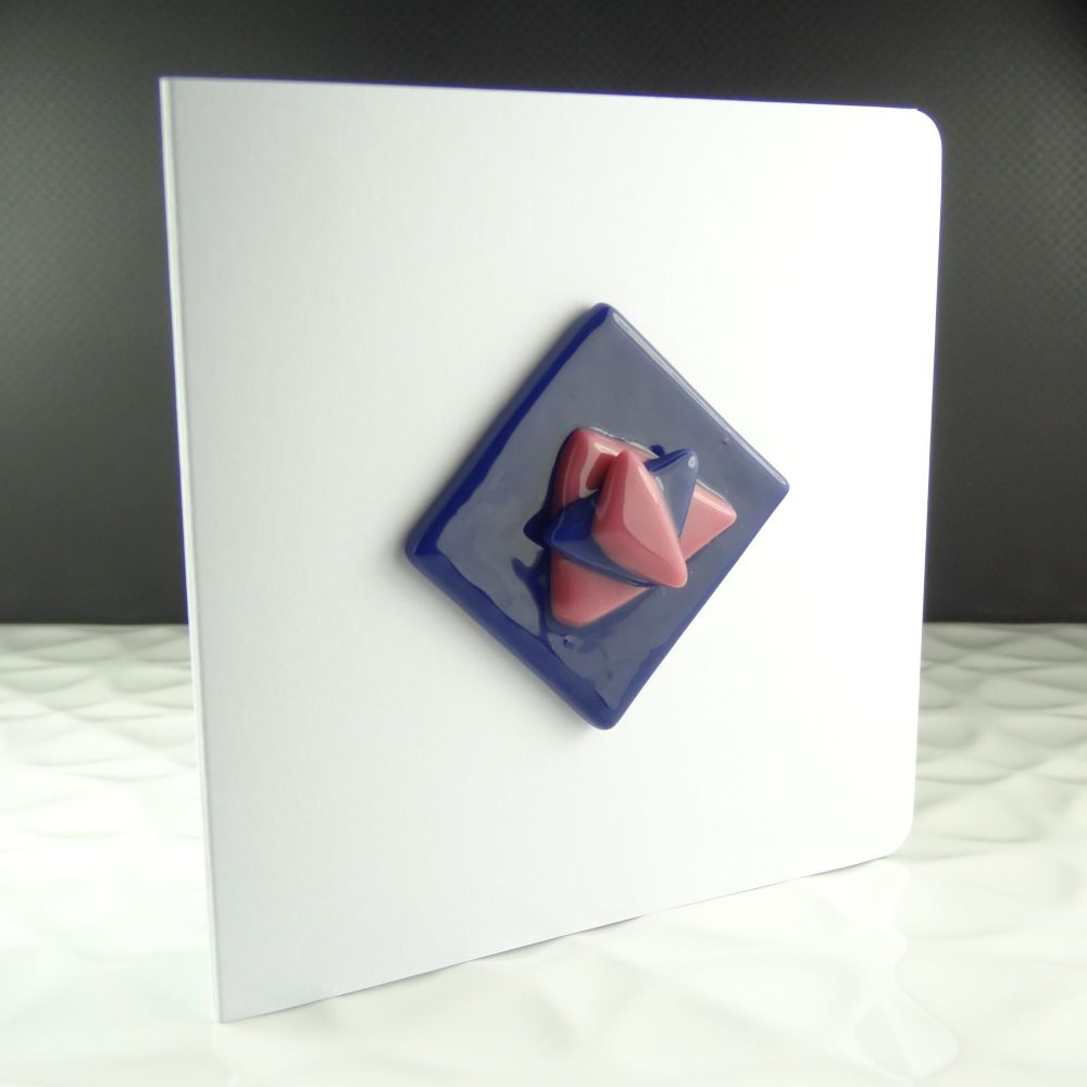 Handmade fused glass art greeting card, any occasion ~ blue & pink, abstract, textured ~ 4x4 inch card, 1.5 inch (+/-) glass (#385)