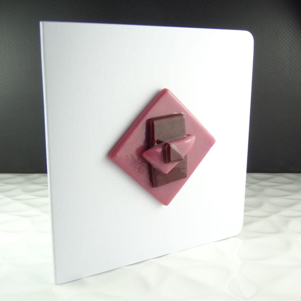 Handmade fused glass art greeting card, any occasion ~ pink & burgundy, abstract, textured ~ 4x4 inch card, 1.5 inch (+/-) glass (#353)