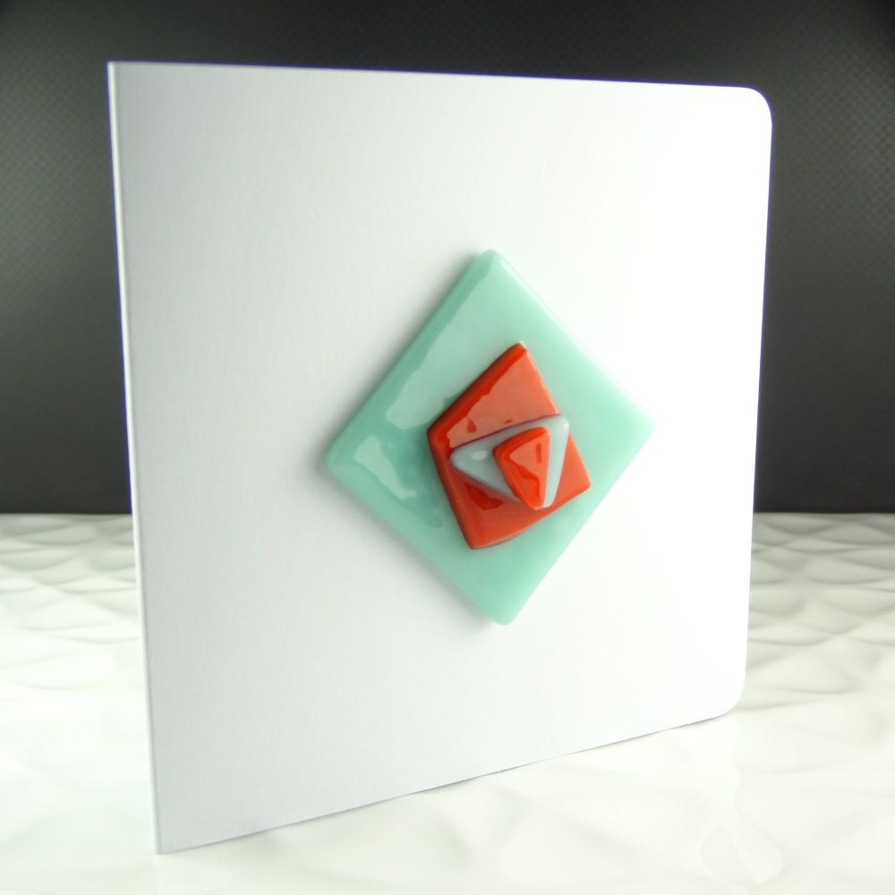 Handmade fused glass art greeting card any occasion orange & green abstract