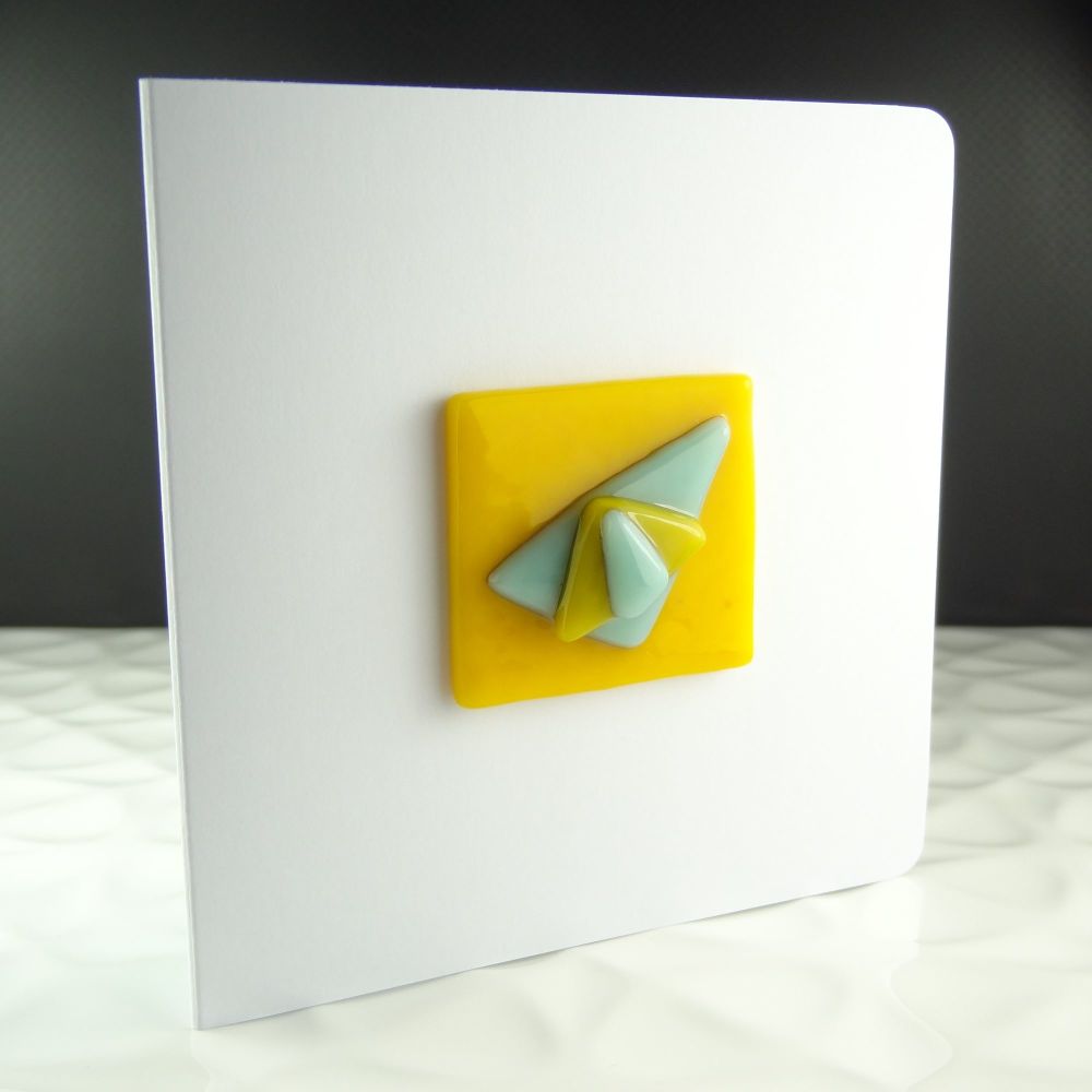 Handmade fused glass art greeting card any occasion yellow & green abstract