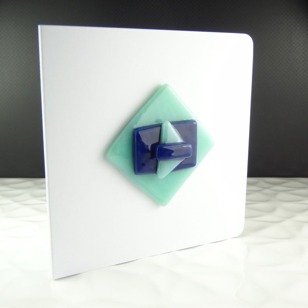 Handmade fused glass art greeting card any occasion blue & green abstract