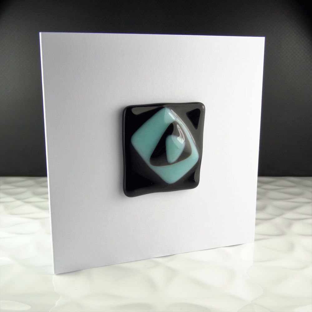 Handmade fused glass art greeting card any occasion blue & black abstract