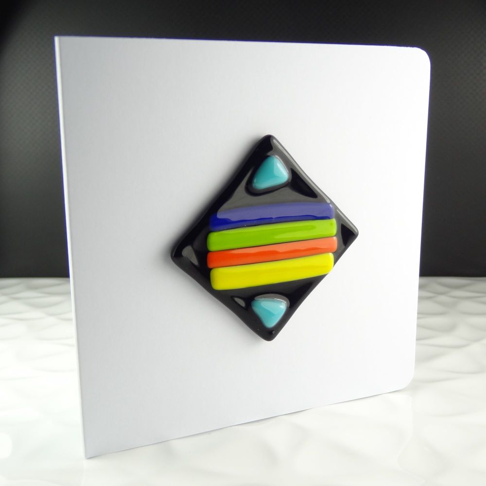 Handmade fused glass art greeting card, any occasion, birthday ~ multi-coloured ~ 4x4 inch card, 1.5 inch (+/-) glass (#175)