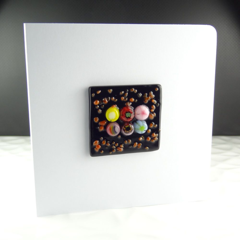 Handmade fused glass art greeting card, any occasion, birthday ~ multi-coloured ~ 4x4 inch card, 1.5 inch (+/-) glass (#381)