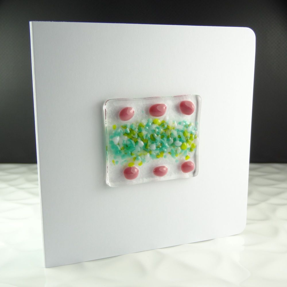 Handmade fused glass art greeting card, any occasion, birthday ~ green & pink ~ 4x4 inch card, 1.5 inch (+/-) glass (#51)