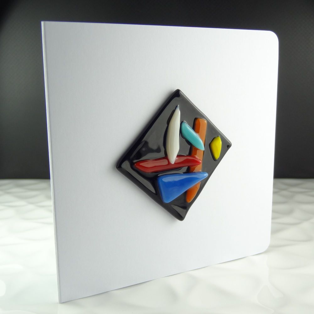 Handmade fused glass art greeting card, any occasion, birthday ~ multi-coloured ~ 4x4 inch card, 1.5 inch (+/-) glass (#134)