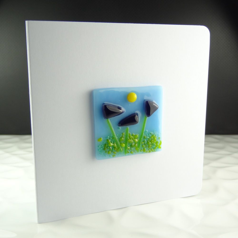 Handmade fused glass art greeting card, any occasion, birthday, purple flowers, floral ~ 4x4 inch card, 1.5 inch (+/-) glass (#316)