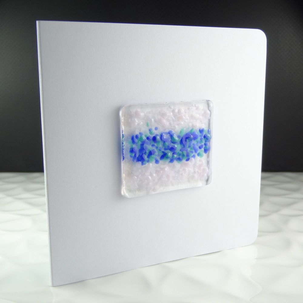 Handmade fused glass art greeting card, any occasion, birthday ~ blue & pink ~ 4x4 inch card, 1.5 inch (+/-) glass (#12)