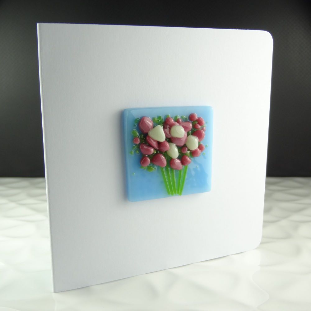 Handmade fused glass art greeting card, any occasion ~ pink & white flowers, floral, bouquet ~ 4x4 inch card, 1.5 inch (+/-) glass (#280)