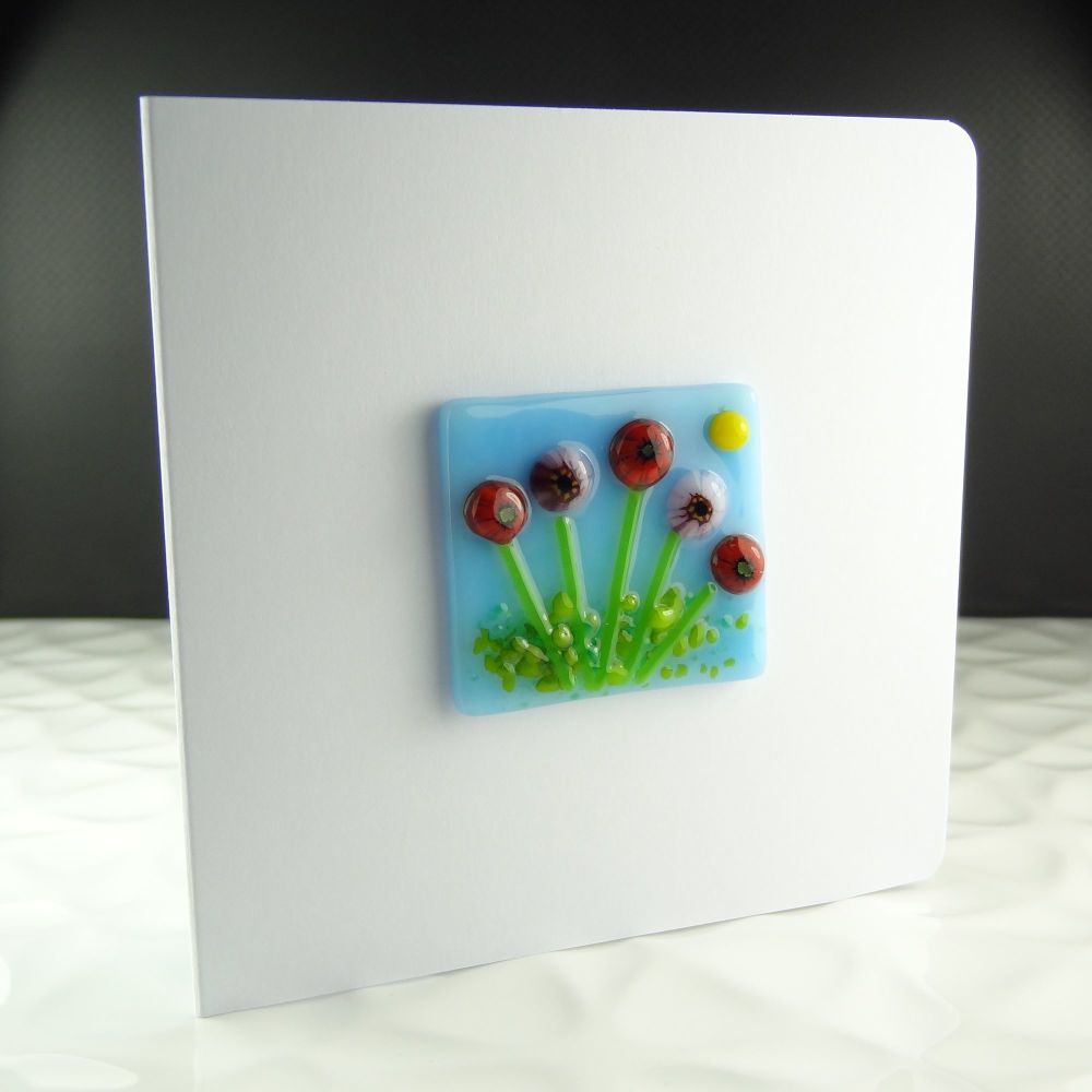 Handmade fused glass art greeting card, any occasion ~ red & pink Murrini flowers, floral ~ 4x4 inch card, 1.5 inch (+/-) glass (#355)