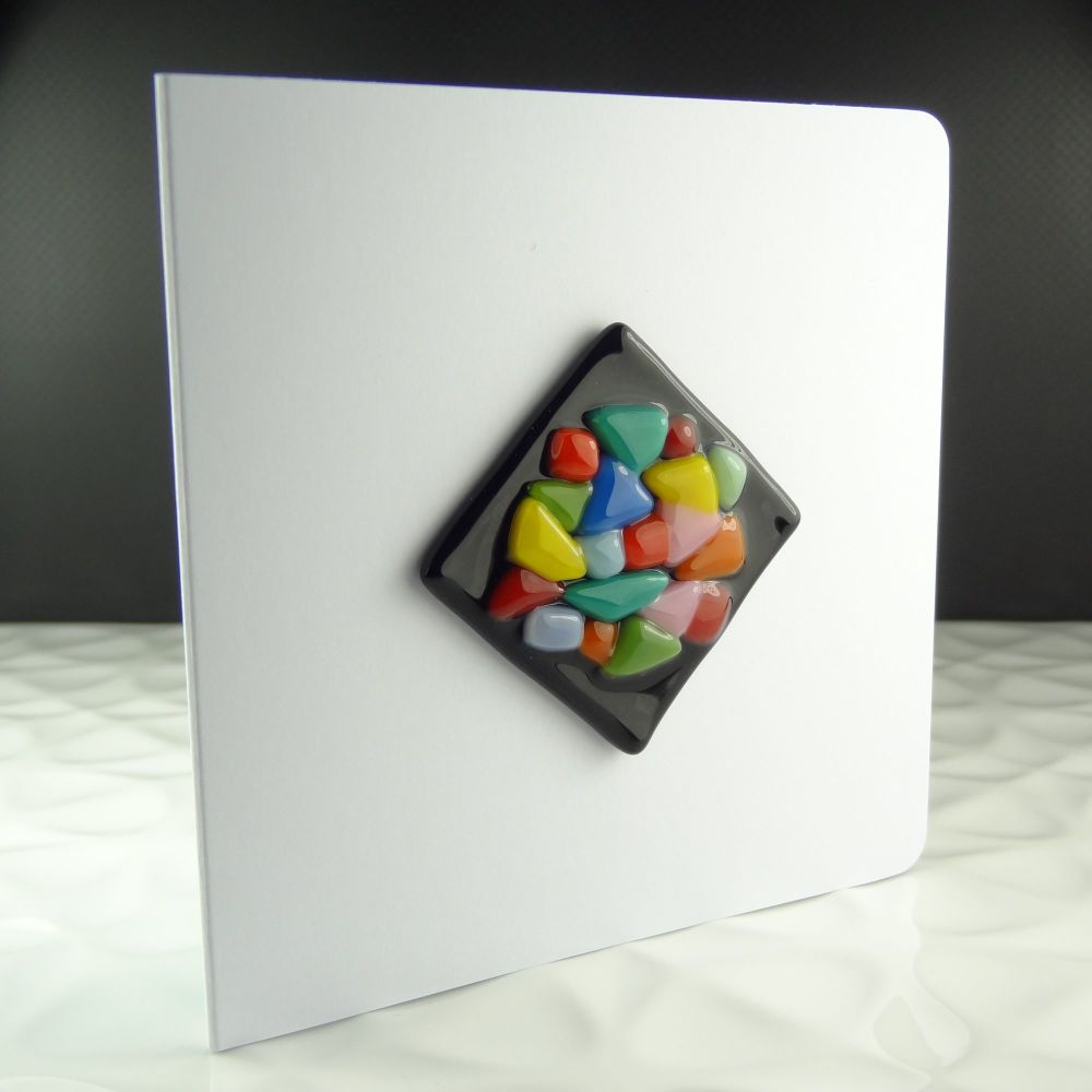 Handmade fused glass art greeting card, any occasion, birthday ~ multi-coloured ~ 4x4 inch card, 1.5 inch (+/-) glass (#231)