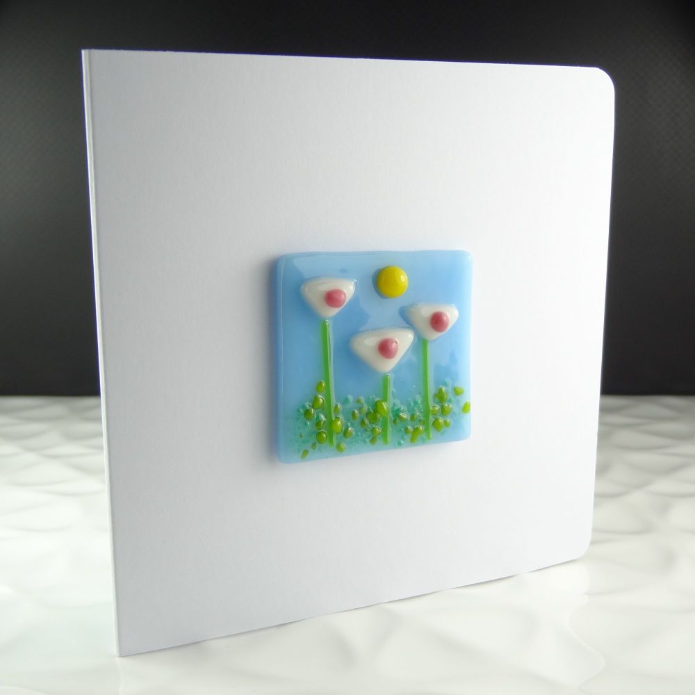 Handmade fused glass art greeting card, any occasion, birthday, white & pink flowers, floral ~ 4x4 inch card, 1.5 inch (+/-) glass (#59)