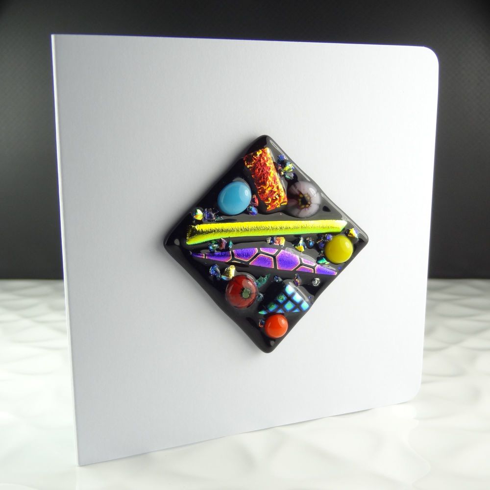 Handmade fused glass art greeting card, any occasion, birthday ~ multi-coloured ~ 4x4 inch card, 1.5 inch (+/-) glass (#137)