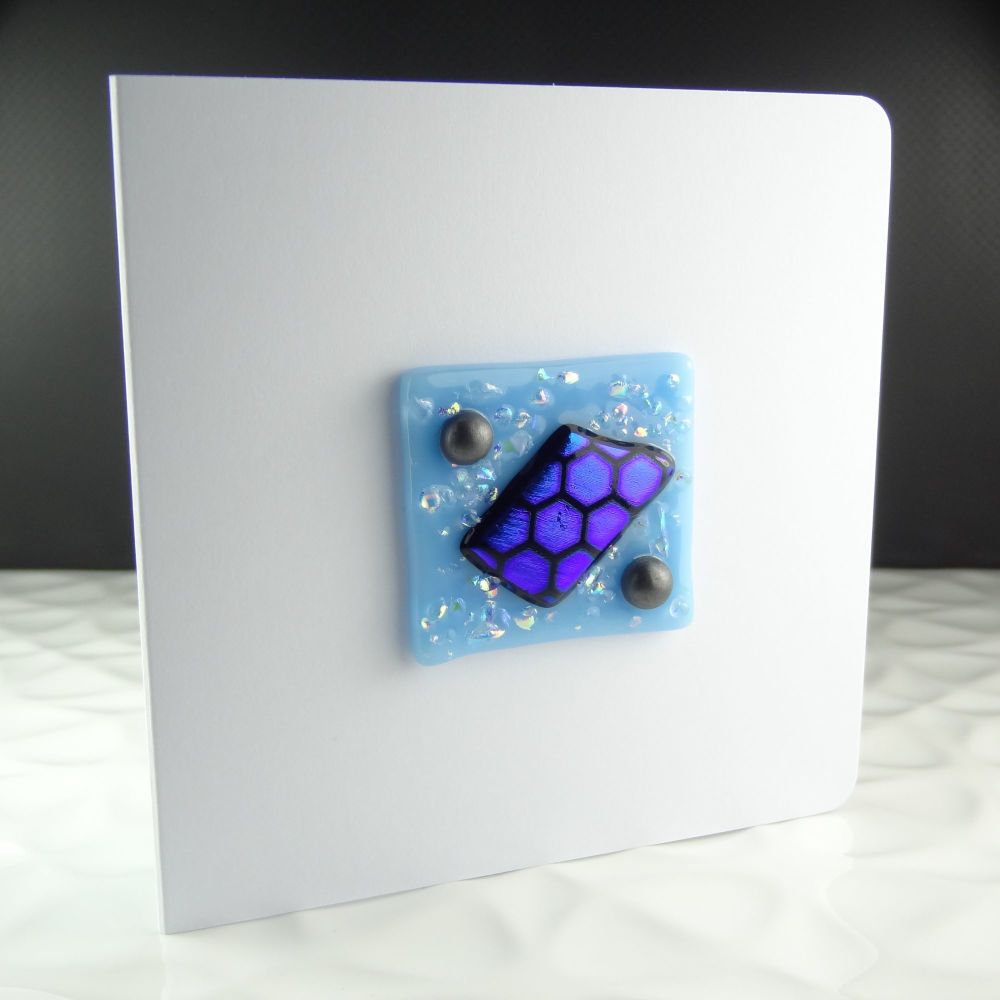 Handmade fused glass art greeting card, any occasion, birthday ~ blue and silver ~ 4x4 inch card, 1.5 inch (+/-) glass (#128)