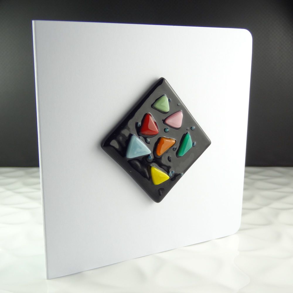 Handmade fused glass art greeting card, any occasion, birthday ~ multi-coloured ~ 4x4 inch card, 1.5 inch (+/-) glass (#387)