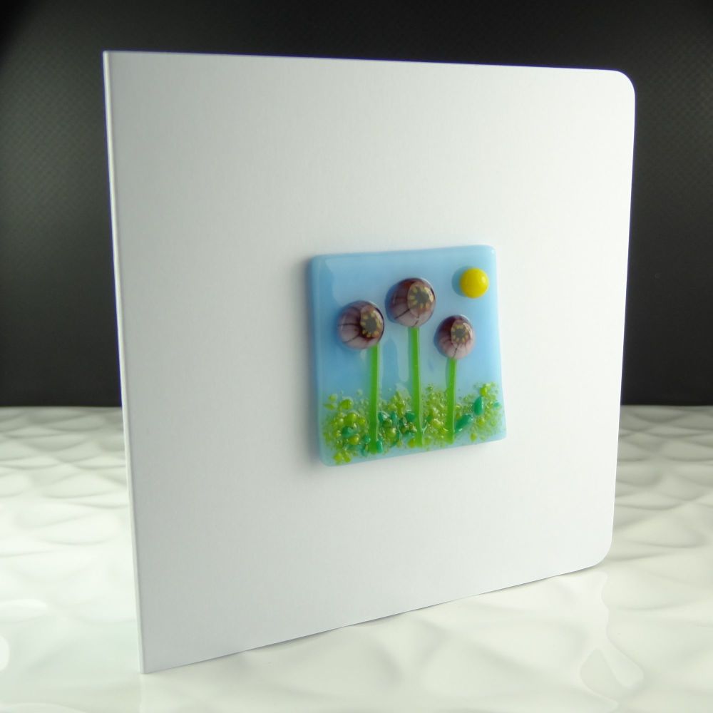 Handmade fused glass art greeting card, any occasion ~ pink Murrini flowers, floral ~ 4x4 inch card, 1.5 inch (+/-) glass (#57)