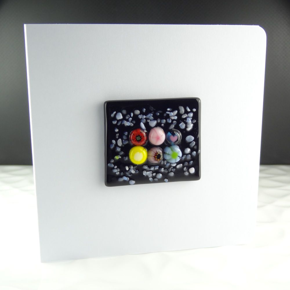 Handmade fused glass art greeting card, any occasion, birthday ~ multi-coloured ~ 4x4 inch card, 1.5 inch (+/-) glass (#110)