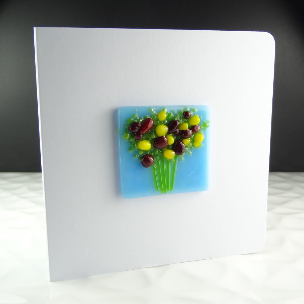 Handmade fused glass art greeting card, any occasion ~ red and yellow flowers, floral, bouquet ~ 4x4 inch card, 1.5 inch (+/-) glass (#351)