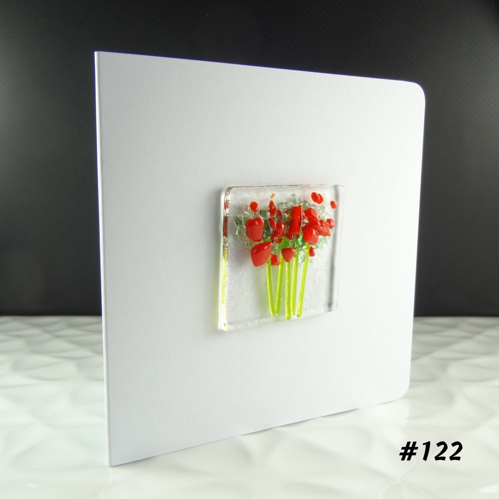 Handmade fused glass art greeting card, any occasion ~ red flowers, floral, bouquet ~ 4x4 inch card, 1.5 inch (+/-) glass (#122)