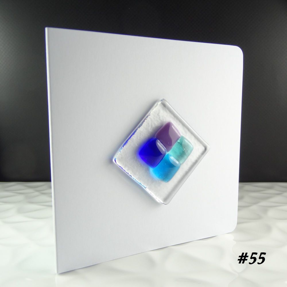 Handmade fused glass art greeting card, any occasion ~ blue & purple patterned ~ 4x4 inch card, 1.5 inch (+/-) glass (#34)