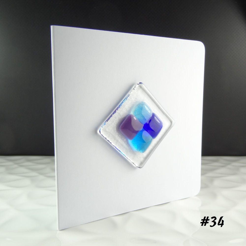 Handmade fused glass art greeting card, any occasion ~ blue & purple patterned ~ 4x4 inch card, 1.5 inch (+/-) glass (#34)