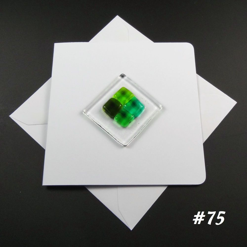 Handmade fused glass art greeting card, any occasion ~ green patterned ~ 4x4 inch card, 1.5 inch (+/-) glass (#75)