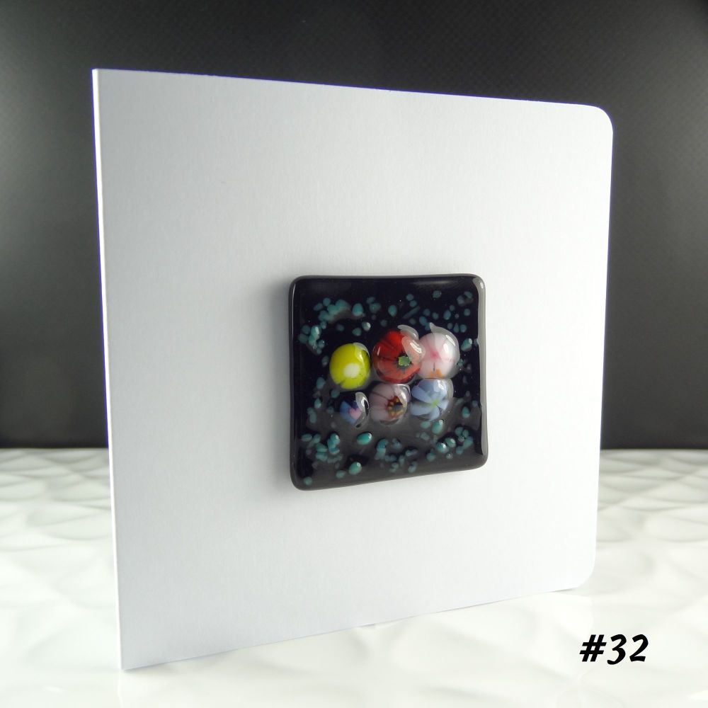 Handmade fused glass art greeting card, any occasion, birthday ~ multi-coloured ~ 4x4 inch card, 1.5 inch (+/-) glass (#32)