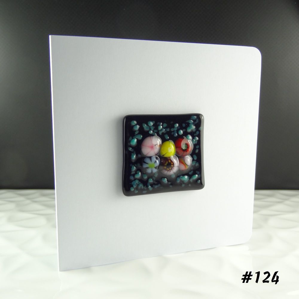 Handmade fused glass art greeting card, any occasion, birthday ~ multi-coloured ~ 4x4 inch card, 1.5 inch (+/-) glass (#124)