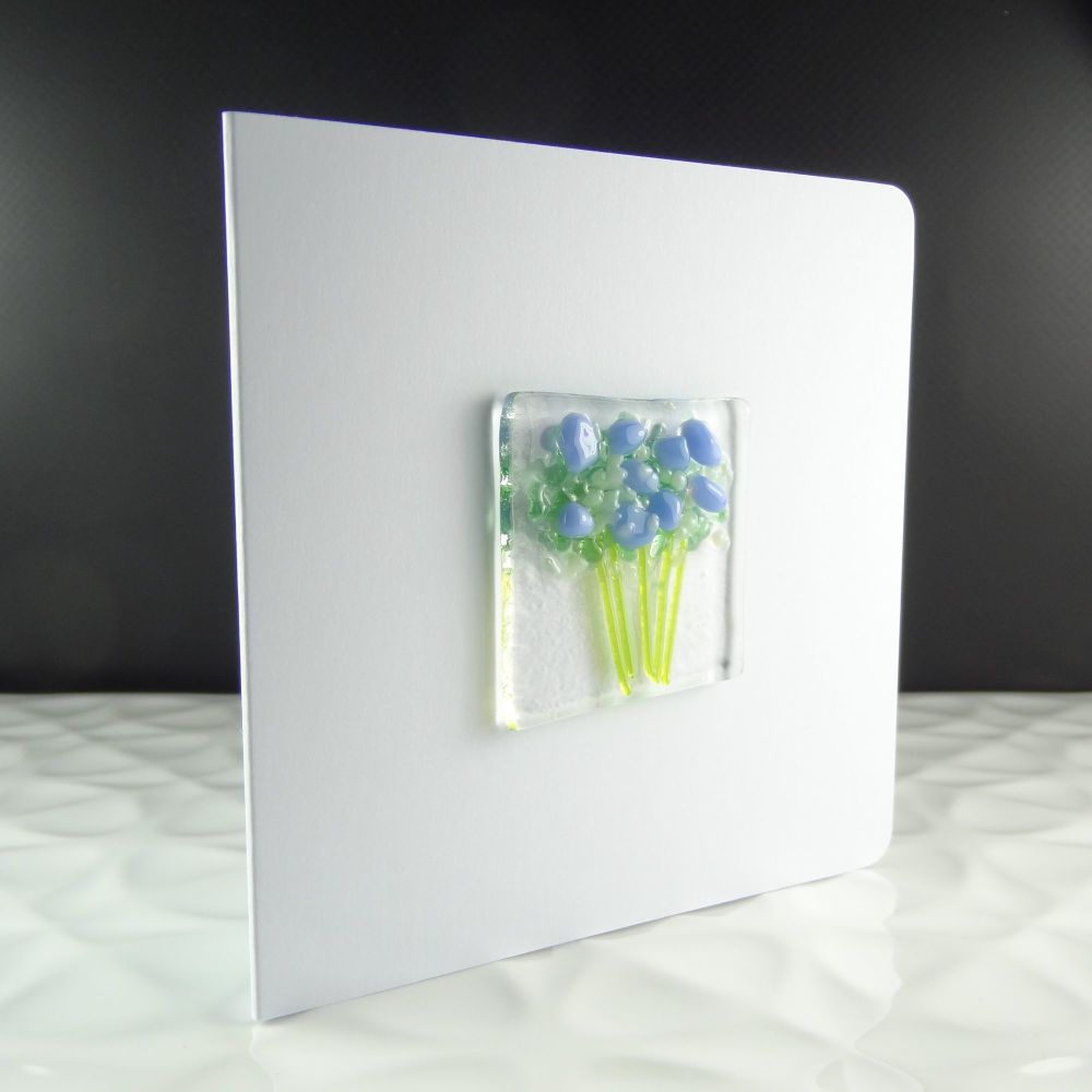 Handmade fused glass art greeting card, any occasion ~ blue & white flowers, floral, bouquet ~ 4x4 inch card, 1.5 inch (+/-) glass (#62)