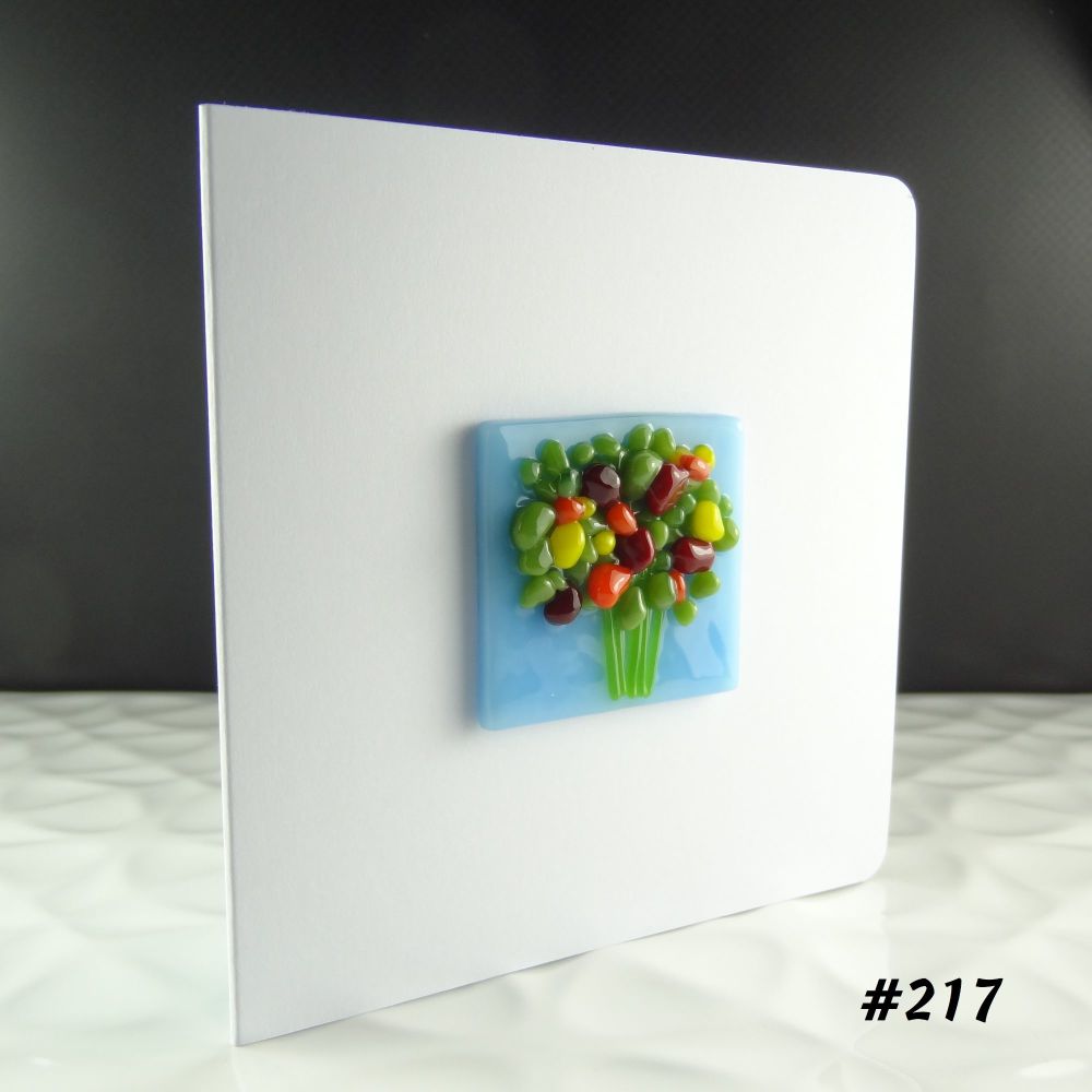 Handmade fused glass art greeting card, any occasion ~ red orange & yellow flowers, floral, bouquet ~ 4x4 inch card, 1.5 inch (+/-) glass (#217)