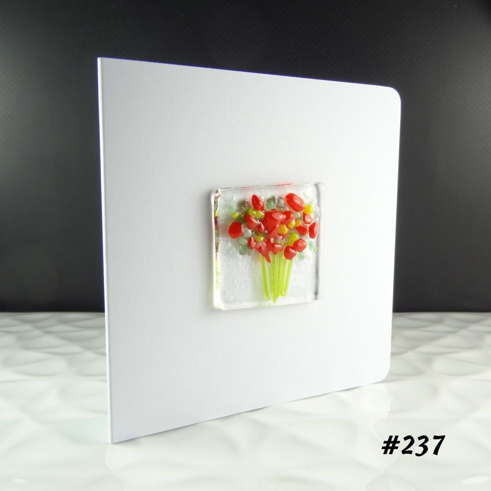 Handmade fused glass art greeting card, any occasion ~ red & yellow flowers, floral, bouquet ~ 4x4 inch card, 1.5 inch (+/-) glass (#237)