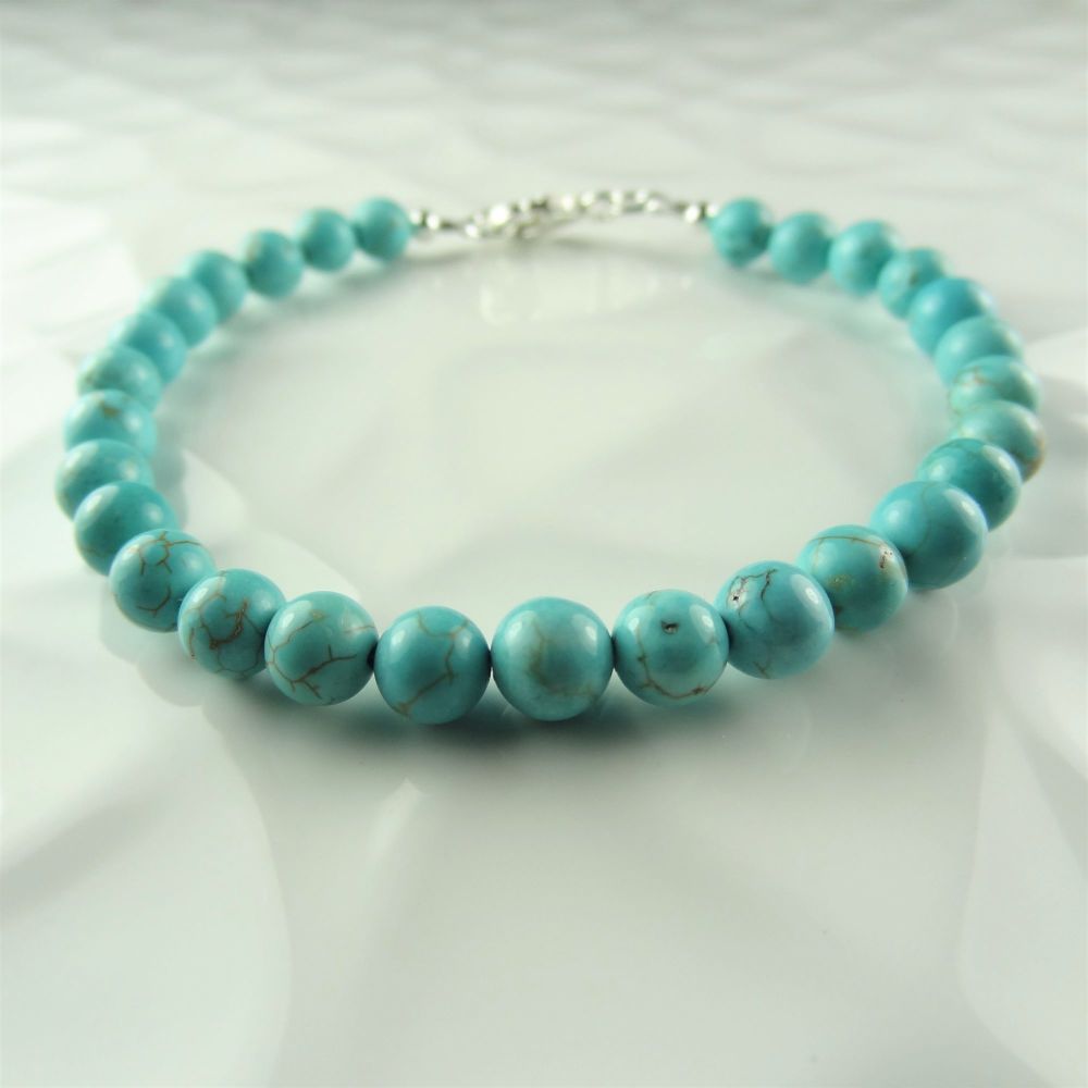 Sterling silver & 5mm (+/-) Howlite dyed turquoise semi-precious stone beaded bracelet with lobster clasp, in a gift box