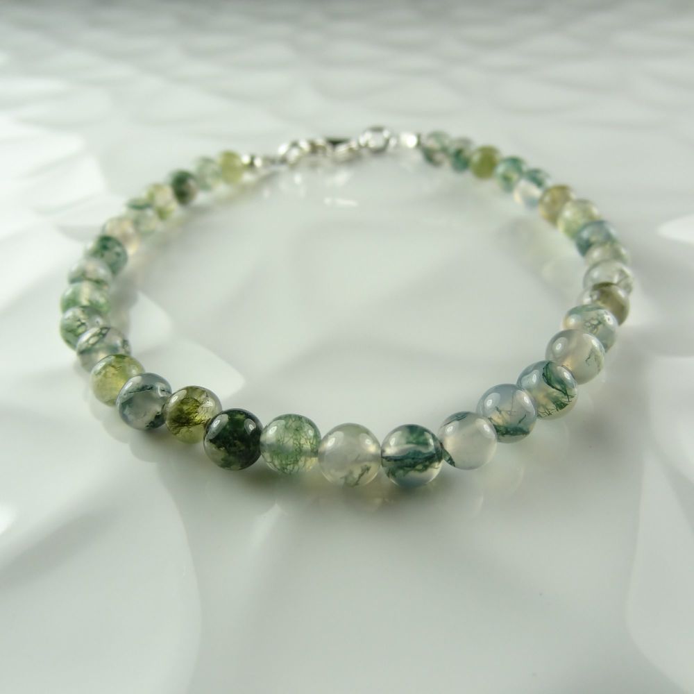 Sterling silver & 4mm (+/-) green Moss Agate semi-precious stone beaded bracelet with lobster clasp, in a gift box