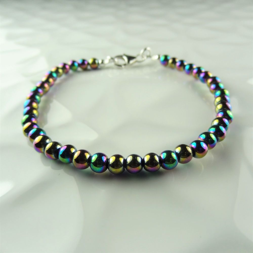 Sterling silver & 4mm (+/-) rainbow coloured electro-plated Hematite semi-precious stone beaded bracelet with lobster clasp, in a gift box