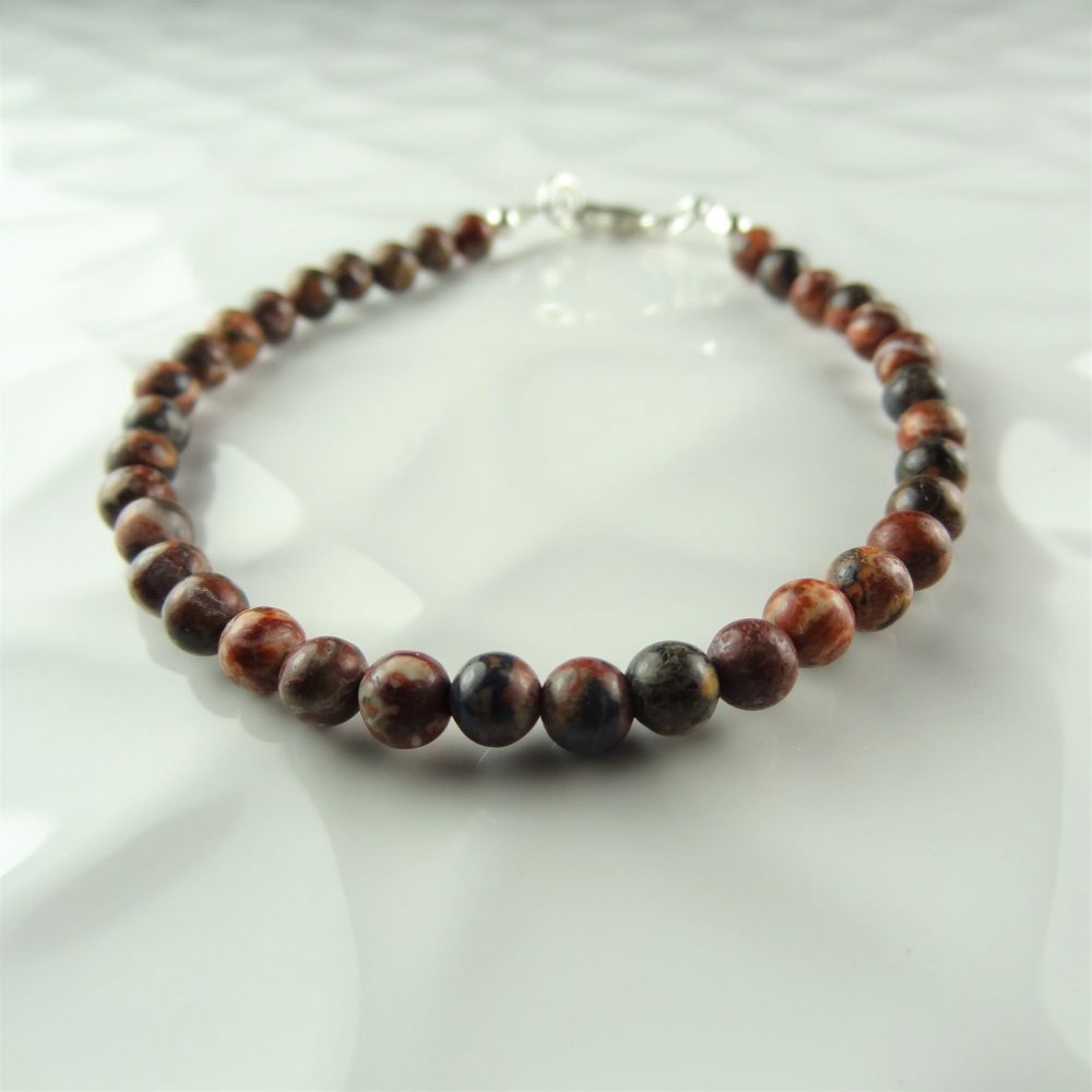 Sterling silver & 4mm (+/-) Red Leopardskin Jasper semi-precious stone beaded bracelet with lobster clasp, in a gift box