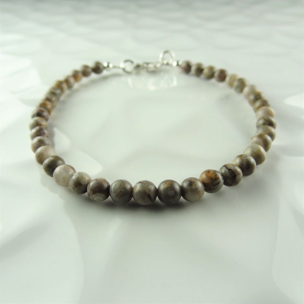 Pale brown grey Fossil Crinoid semi-precious stone beaded bracelet