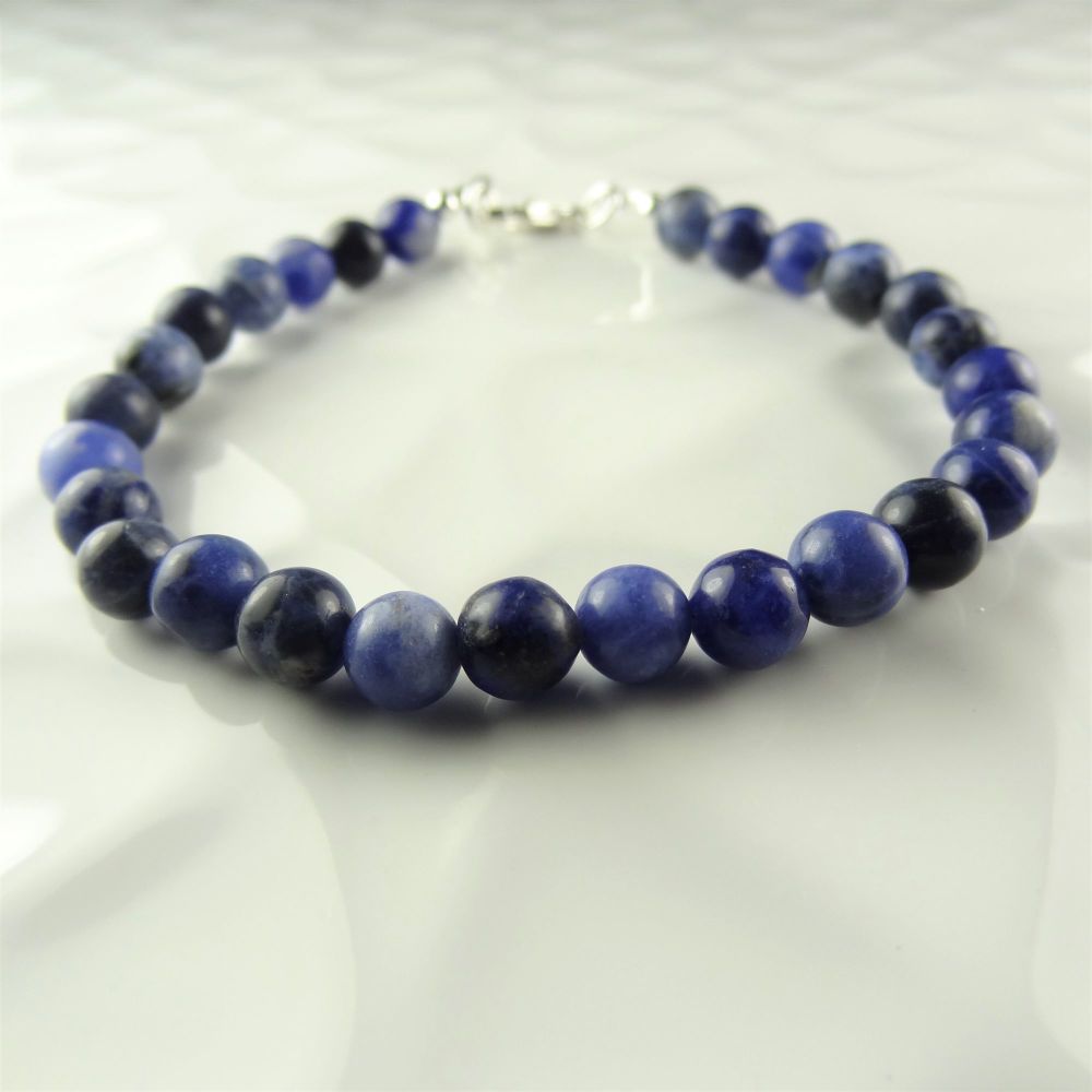 Sterling silver & 6mm (+/-) blue Sodalite semi-precious stone beaded bracelet with lobster clasp, in a gift box