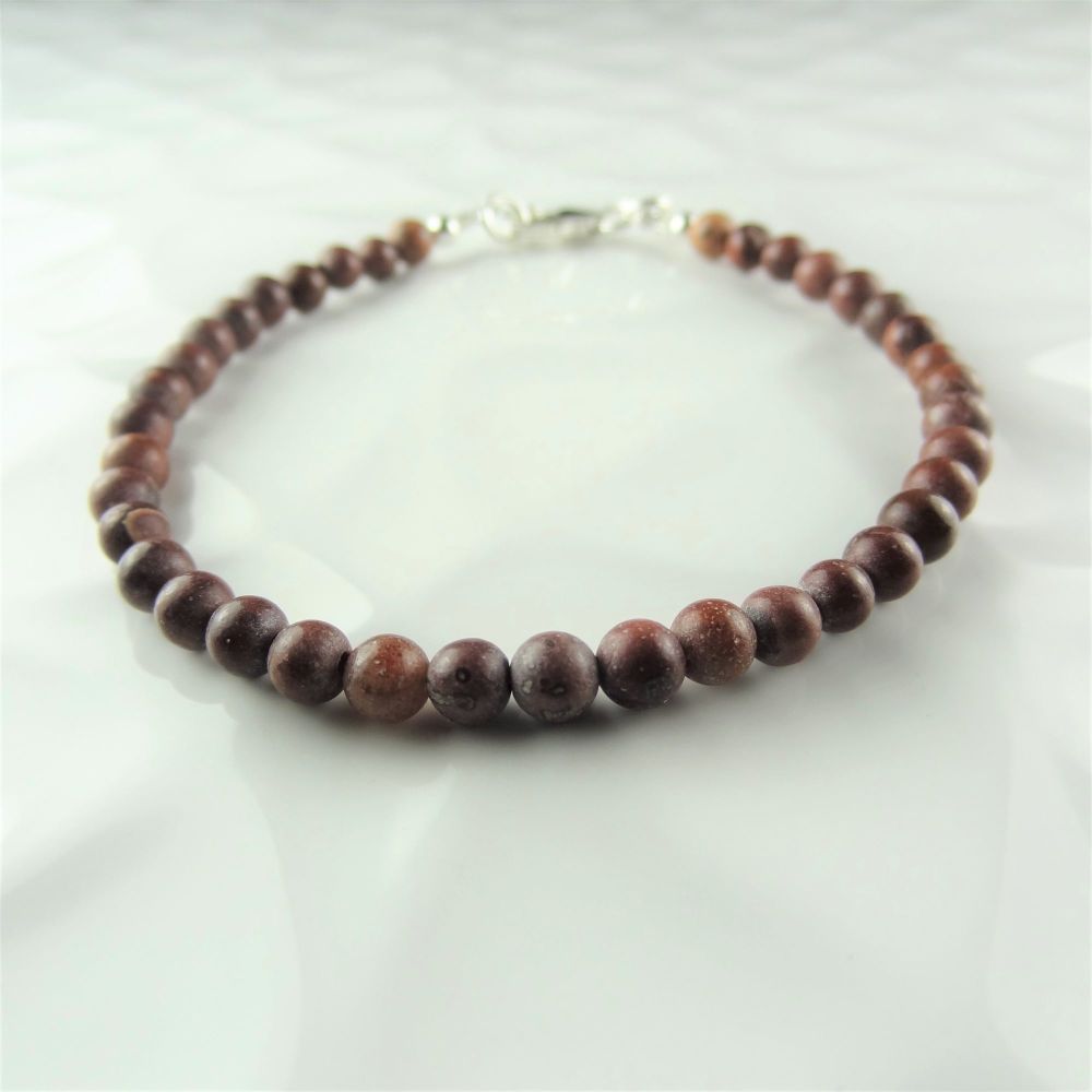 Sterling silver & 4mm (+/-) brown Apache / Chohua Jasper semi-precious stone beaded bracelet with lobster clasp, in a gift box