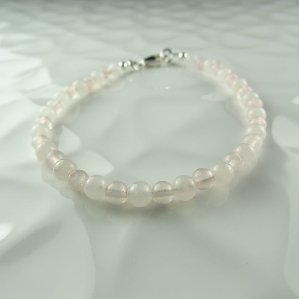 Sterling silver & 4mm (+/-) pale pink Rose Quartz semi-precious stone beaded bracelet with lobster clasp, in a gift box