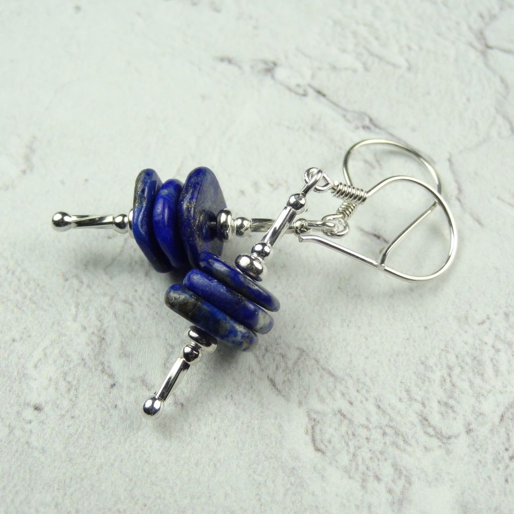 Sterling silver & slices of blue Lapis Lazuli semi-precious stone earrings, in a gift box