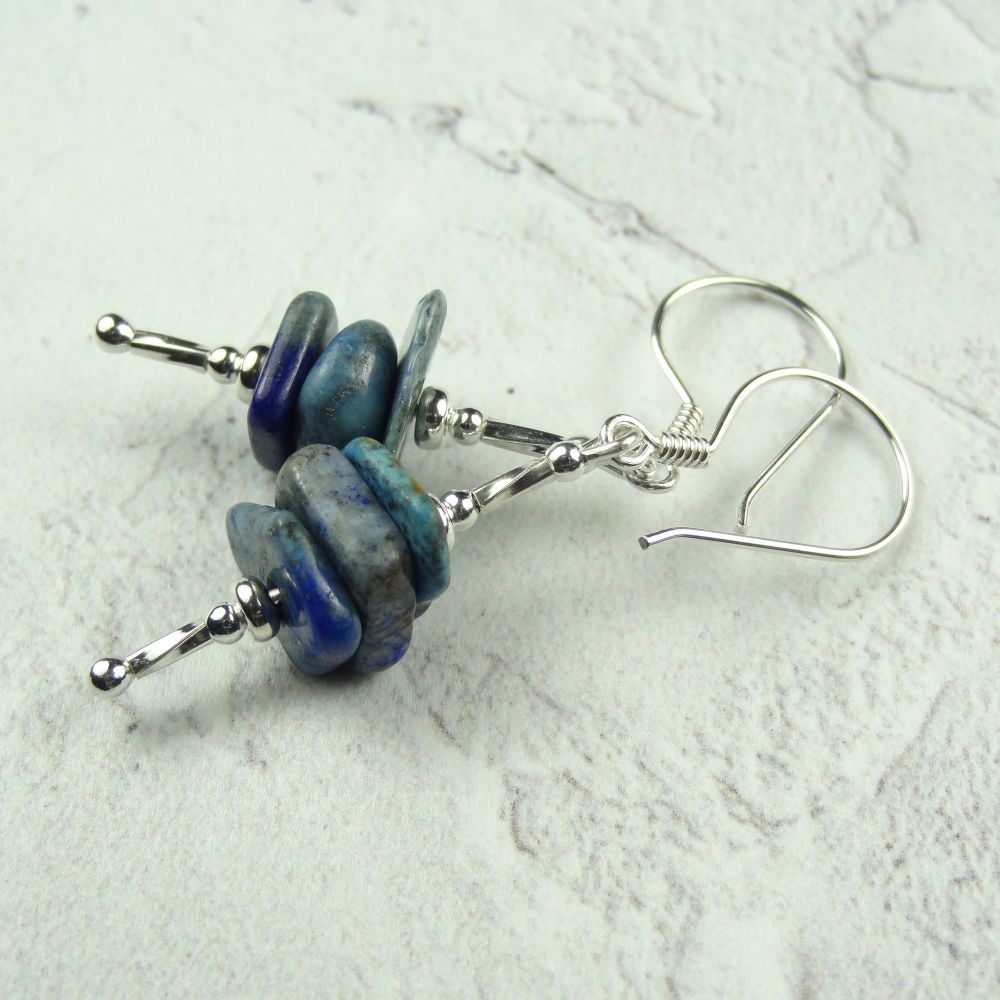 Sterling silver & slices of paler blue Lapis Lazuli semi-precious stone earrings, in a gift box