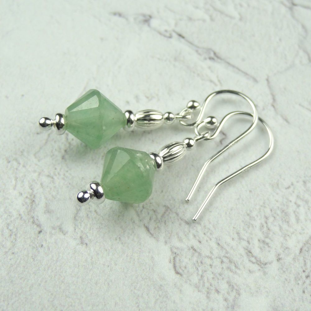 Sterling silver & Green Aventurine bicone semi-precious stone drop earrings, in a gift box