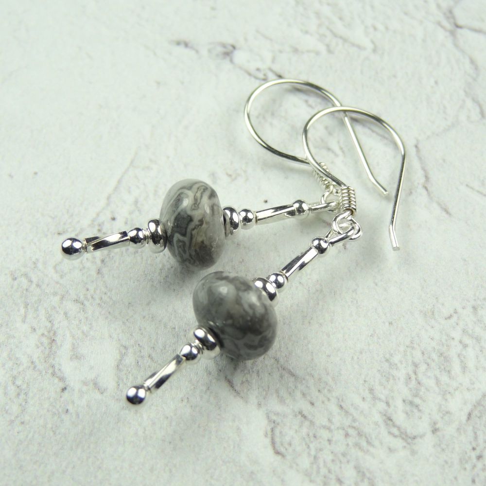 Sterling silver & Grey Crazy Lace Agate rondelle semi-precious stone earrings, in a gift box