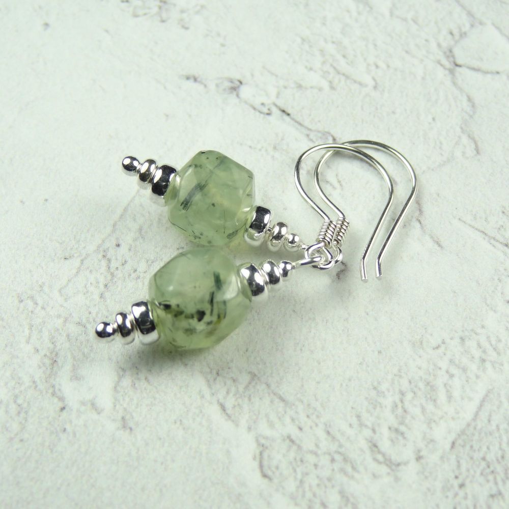 Pale Green Prehnite cube shaped semi-precious stone & sterling silver drop earrings, in a gift box