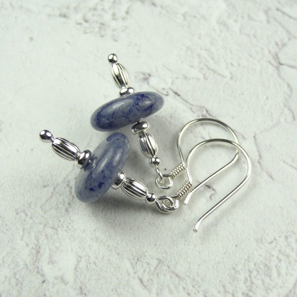 Sterling silver Blue Aventurine semi-precious stone drop earrings, in a gift box